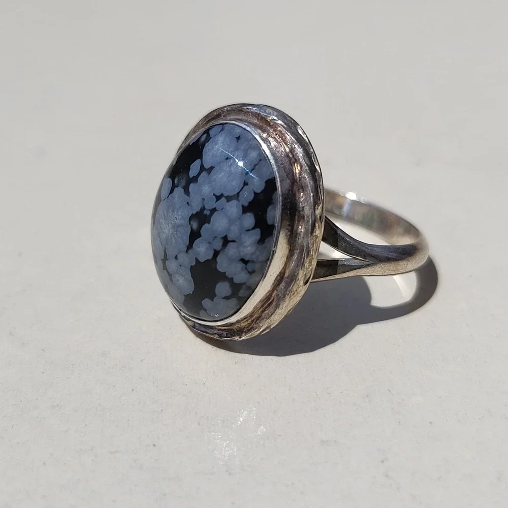 Vintage Sterling Silver Snowflake Obsidian Ring Size 7.5 Black Gray
